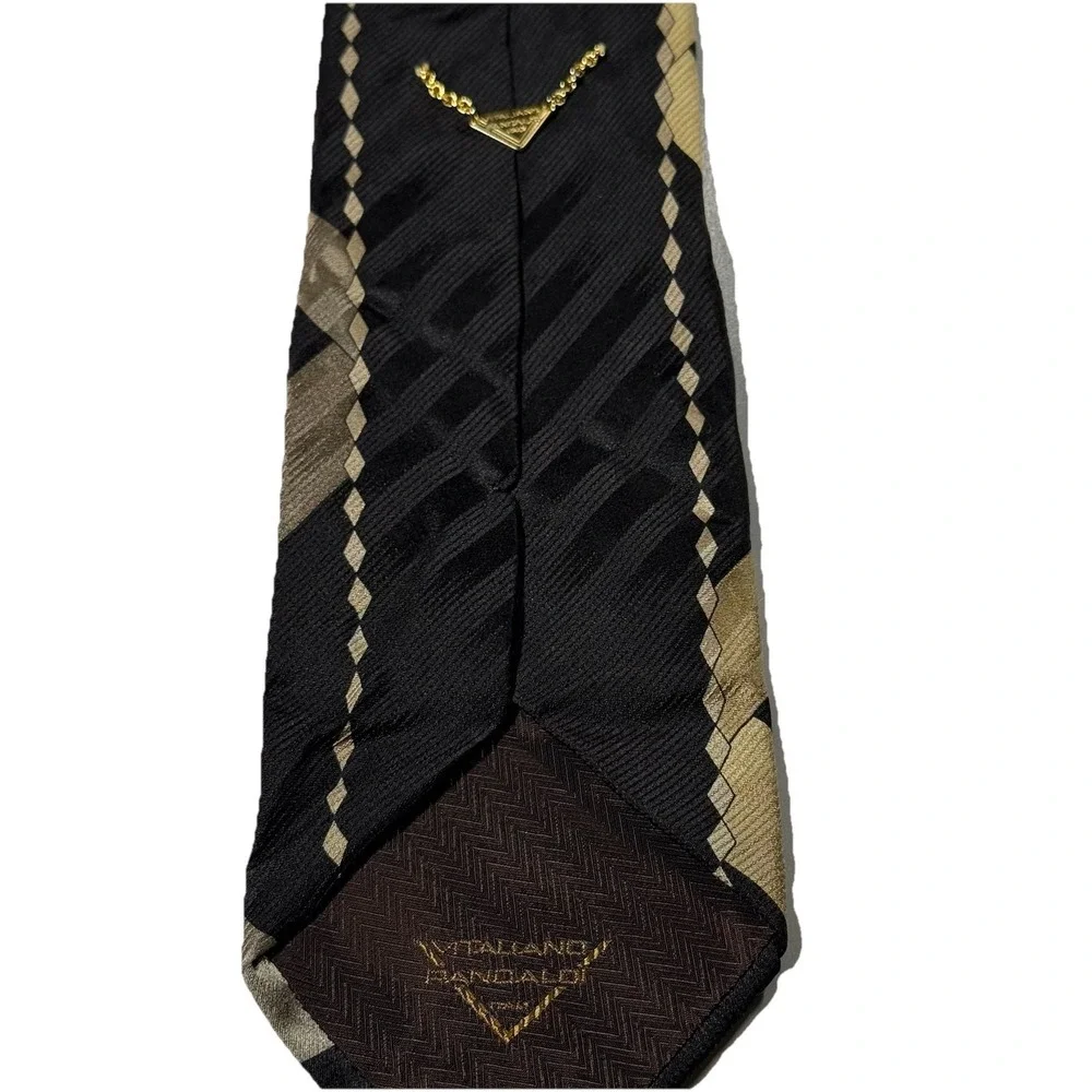 Vitaliano Pancaldi Silk Necktie Geometric Black Gold Grey Diagonal Stripe Giove
